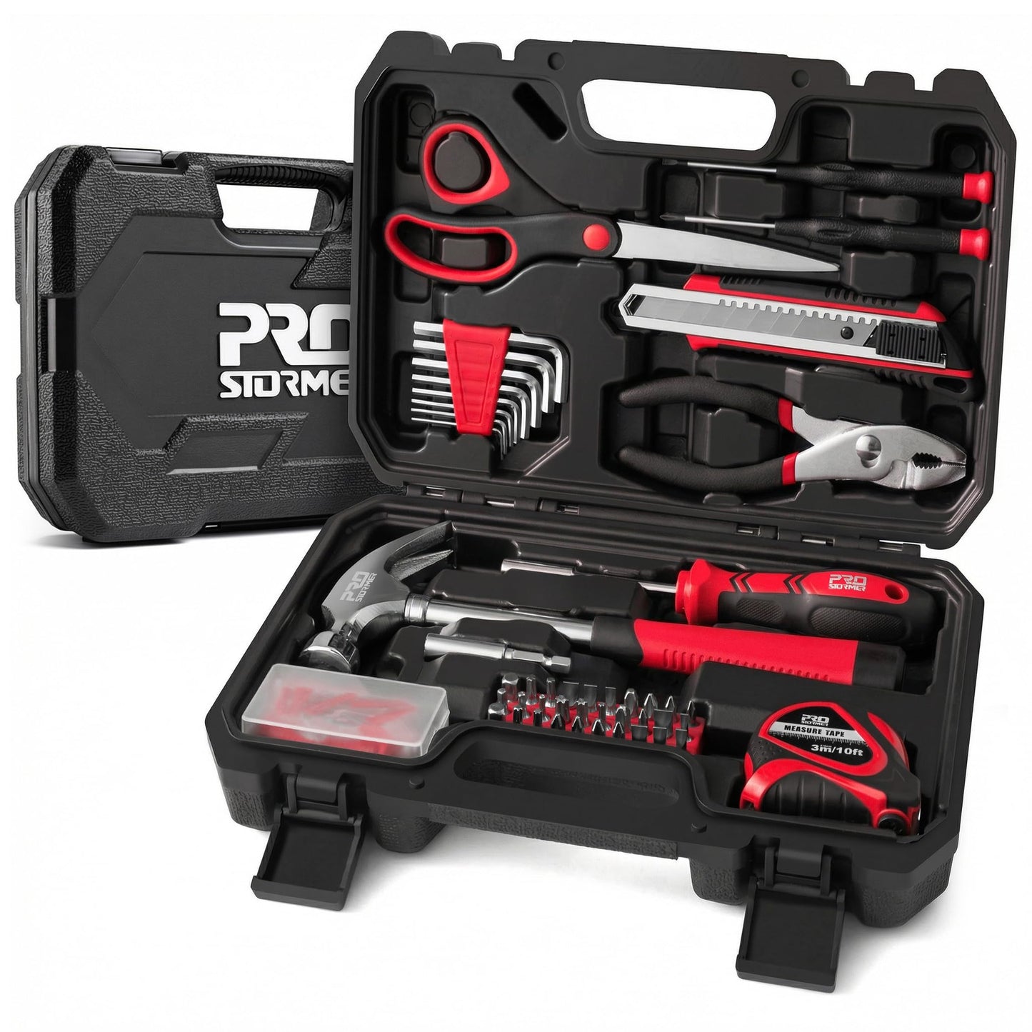Prostormer 93-Piece Tool Kit, Basic Household Repair Tool Set with Toolbox Storage Case, Small Starter Tool Box Kit for Homeowners and College Students (Red)
