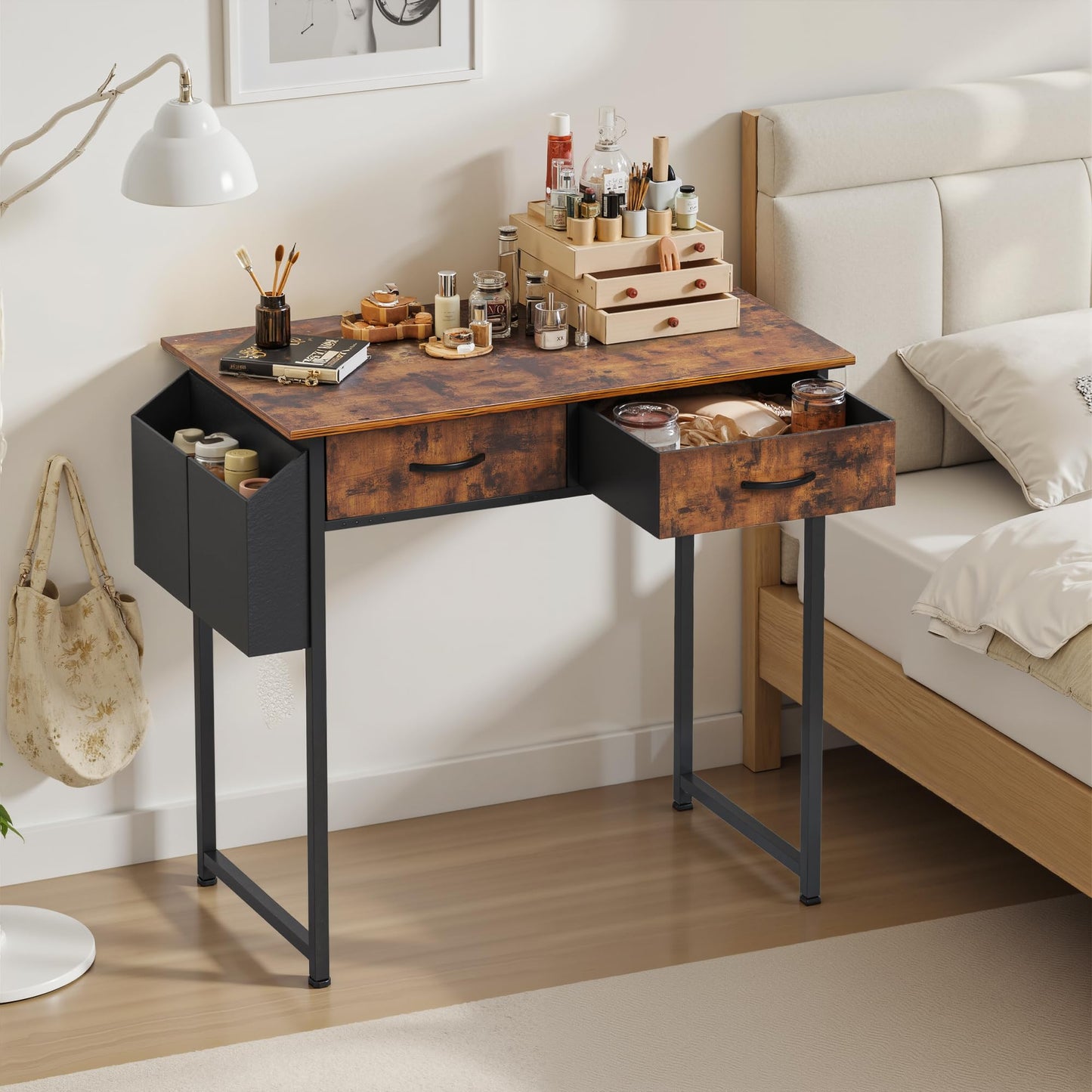 OLIXIS 32Inch Small Desk with Fabric Drawers for Home Office, Gaming Computer Desk with Side Bag, Headphone Hook Writing Study Work Table for Bedroom Small Sapce, Chic Brown