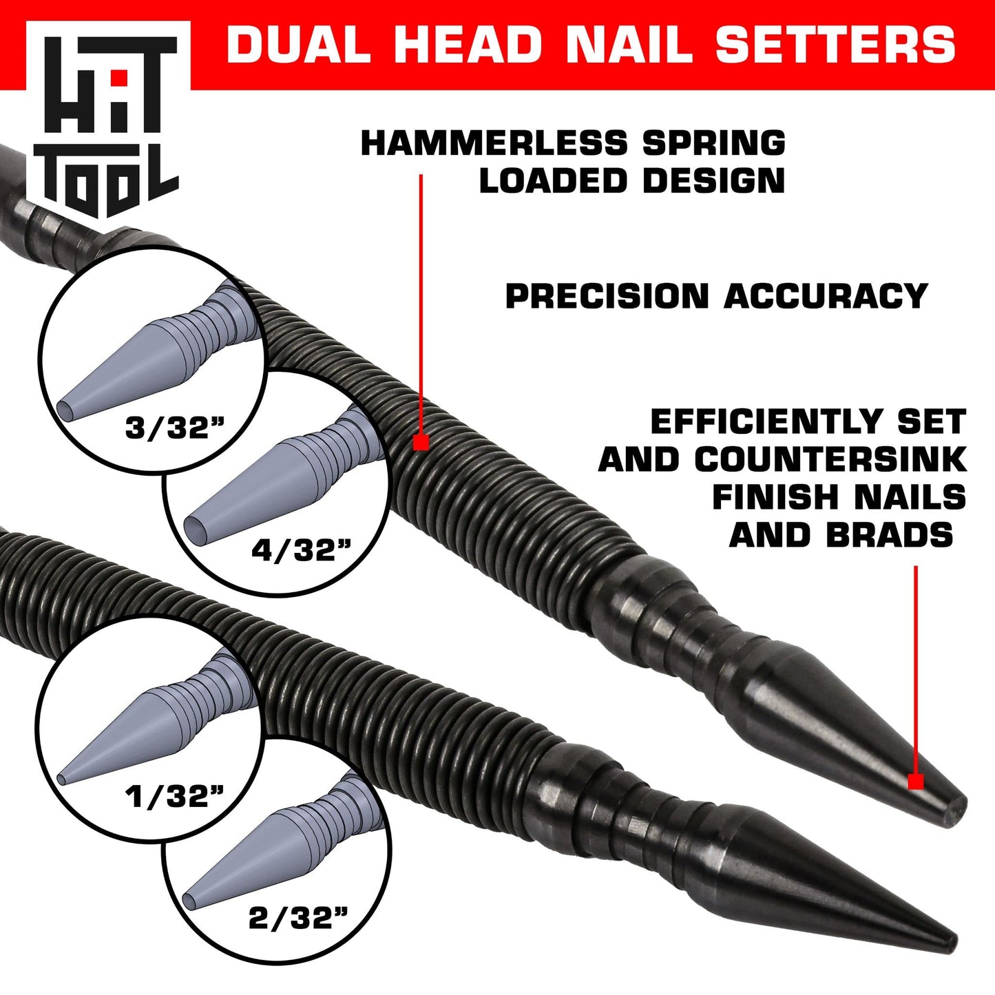 HIT Tool Pro Finish Kit includes 1/32"(#1), 2/32"(#2), 3/32"(#3), 4/32"(#4) Combination Nail Setters (2 Piece) Hammerless Spring Punch Set