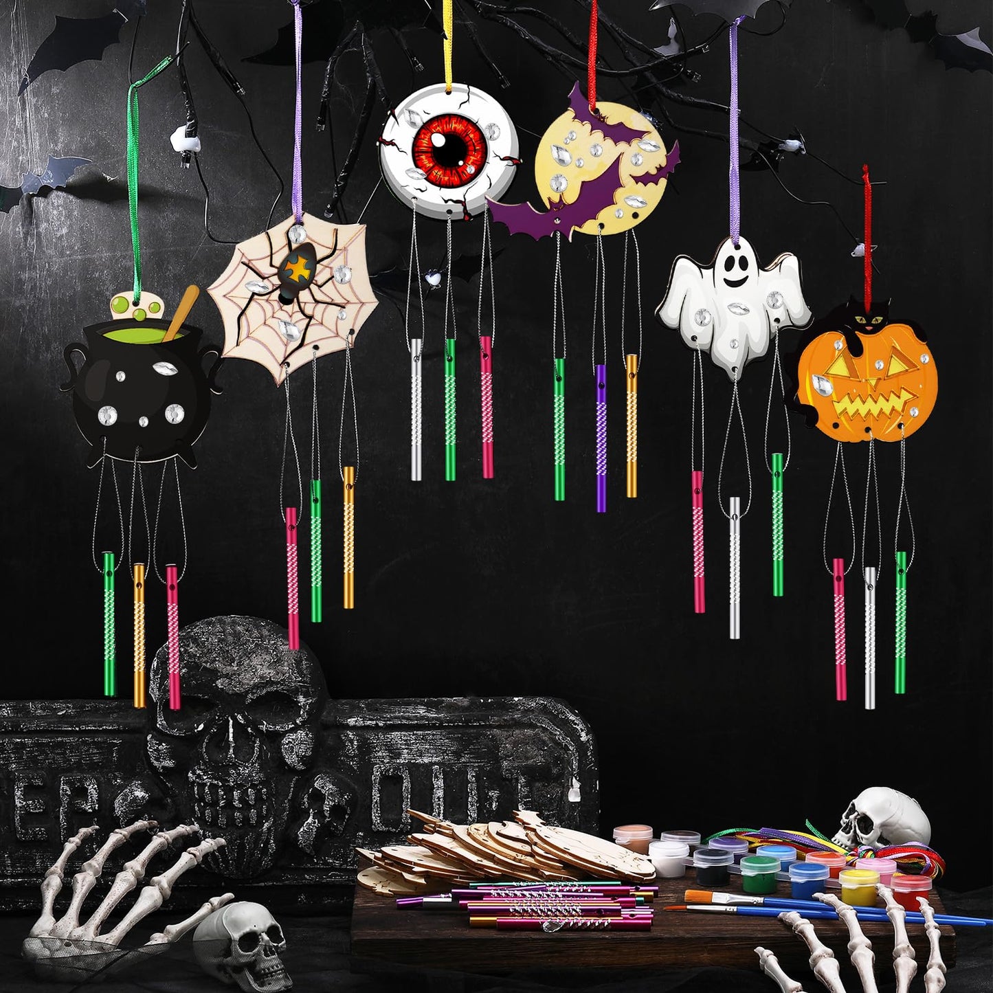 JellyArch 30 Pack Halloween Wind Chime Making Kit for Adults Make Your Own Halloween Wind Chime Ghost Pumpkin Bats DIY Crafts Wooden Ornaments for Activity Birthday Decoration