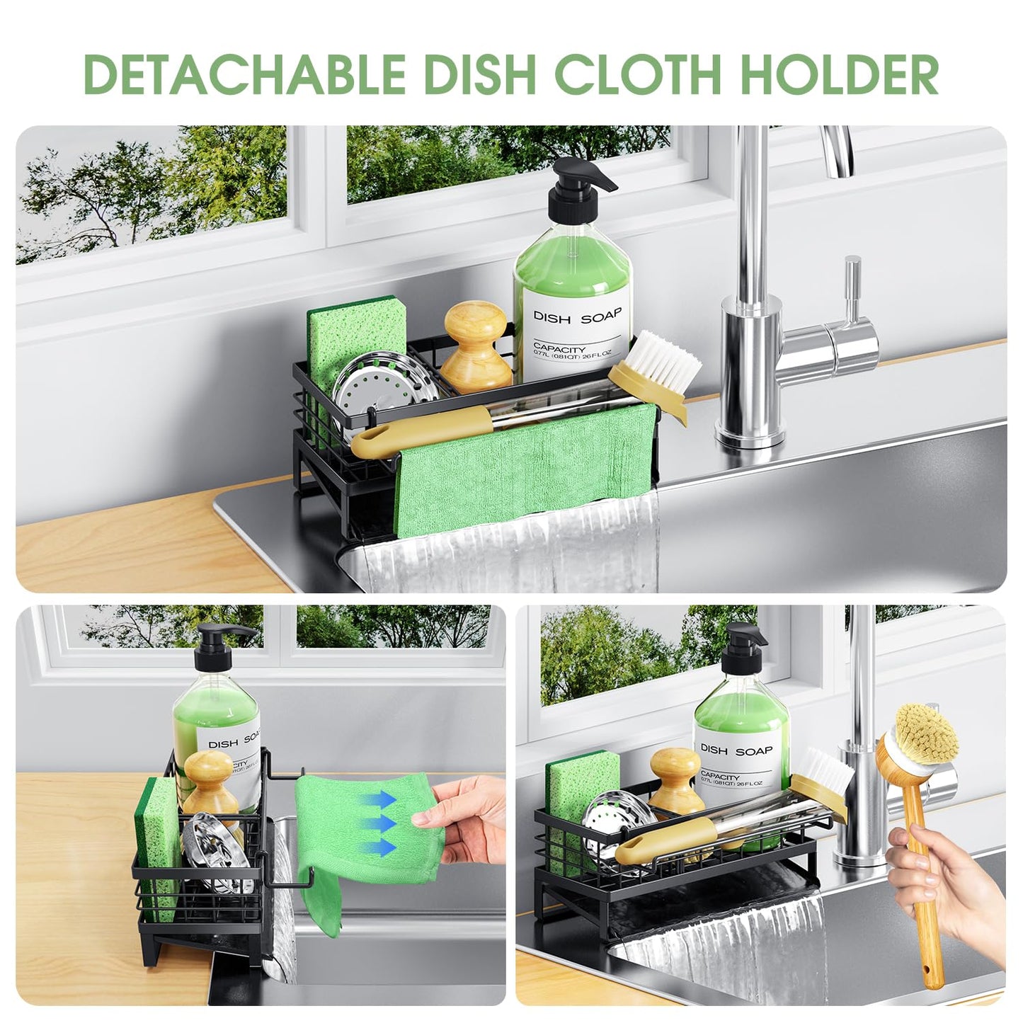DYFVREN Self-Draining Kitchen Sink Caddy, Rustproof Non-Slip Metal Sponge Holder with Detachable Dish Cloth Holder (Black)