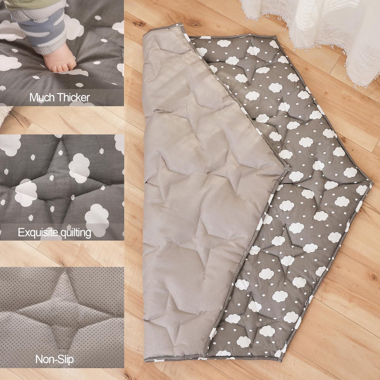 Hexagon Baby Play Mat for Floor,51"×59" Thicken Ultra Soft Playmat, Washable 6 Panel Playpen Mat Non-Slip Crawling Mat for Babies Floor Tummy time(Cloud)