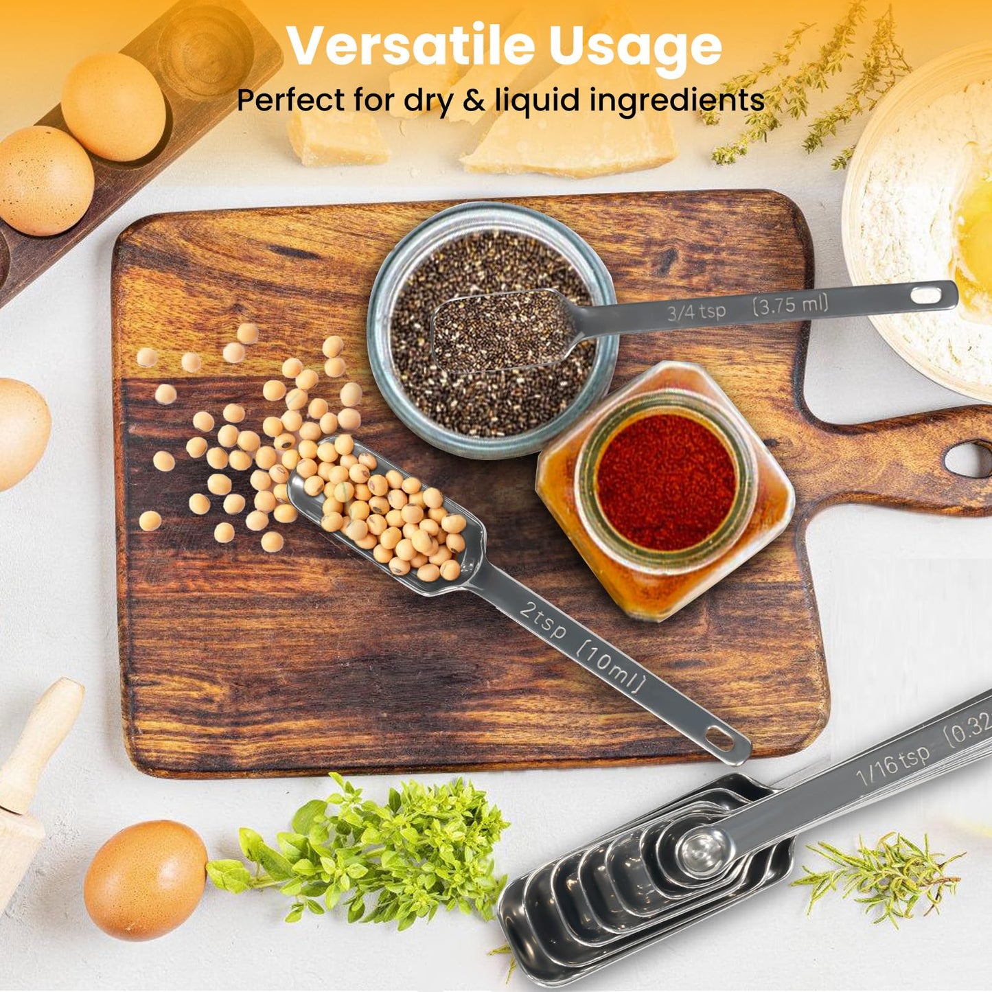Stainless Steel Measuring Spoons Set of 14 with Leveler, Rectangular Teaspoon & Tablespoon Measuring Spoons for Dry & Liquid Ingredients, Slim Design Fits in Spice Jars