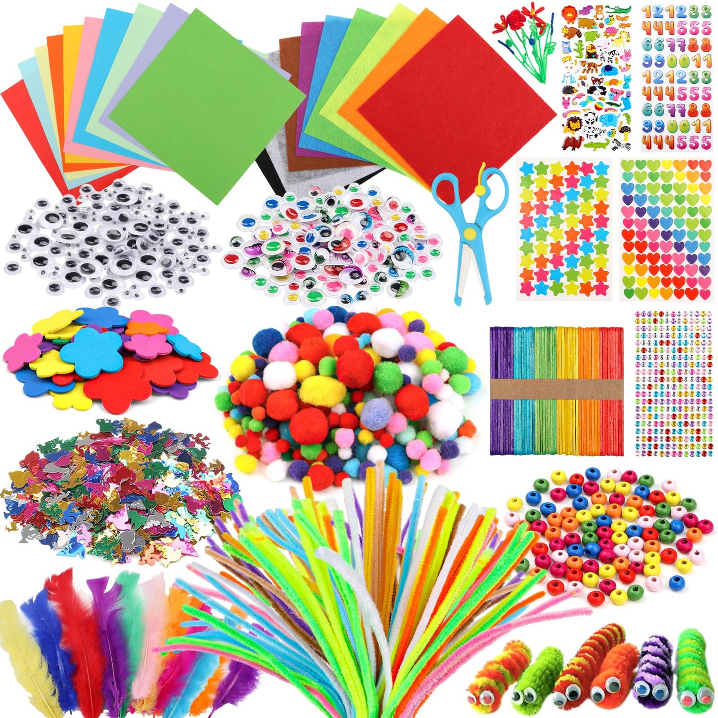 DOITEM Pipe Cleaners Craft Supplies, 1500+Pcs Arts and Crafts Supplies Including Pipe Cleaner Wiggle Googly Eyes Pom Poms Feathers Sticks Sequins Foam Flowers Papers Felt Stickers