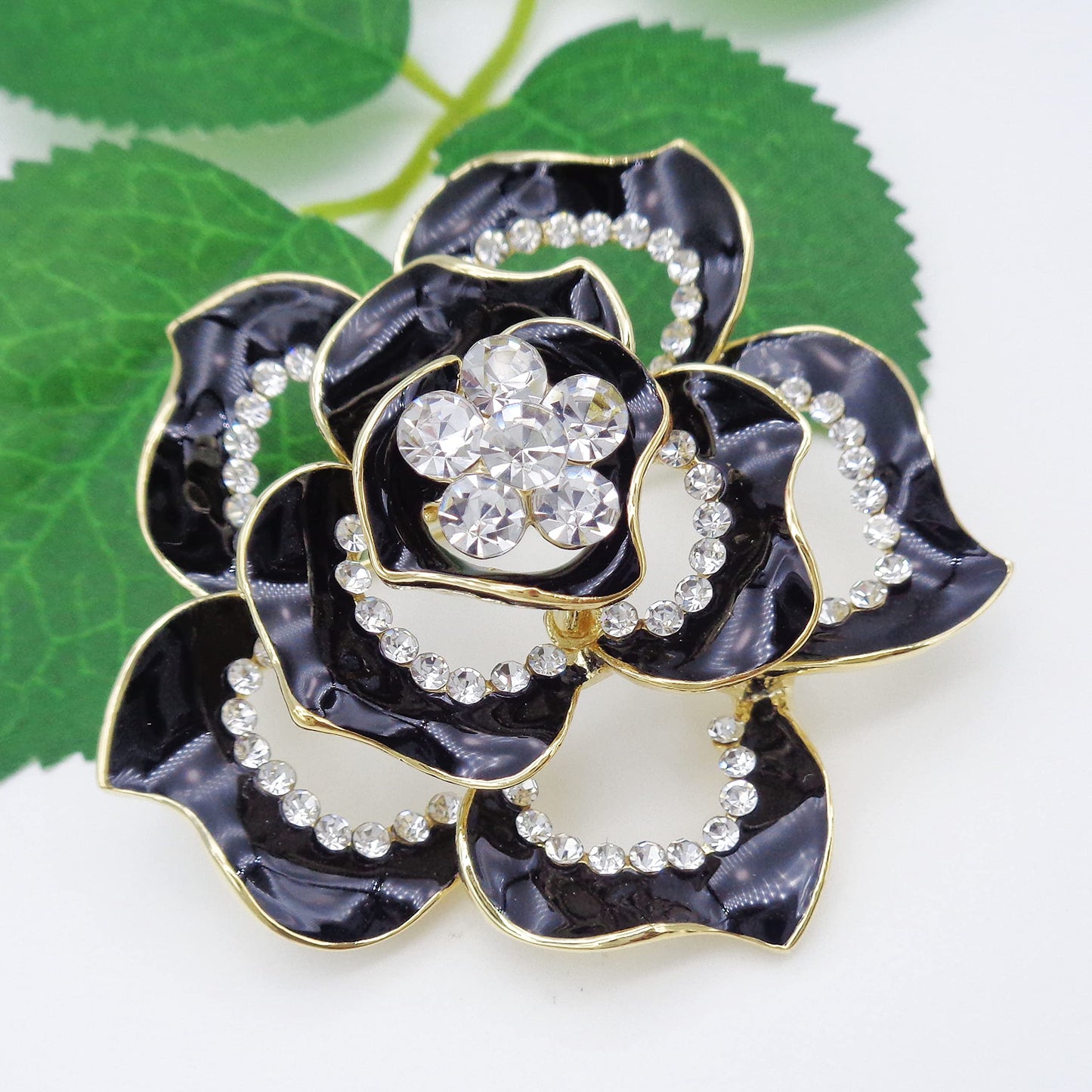 Navachi 18k Gold Plated Crystal Black Enamel Rose Flower Az7196b Brooch pins