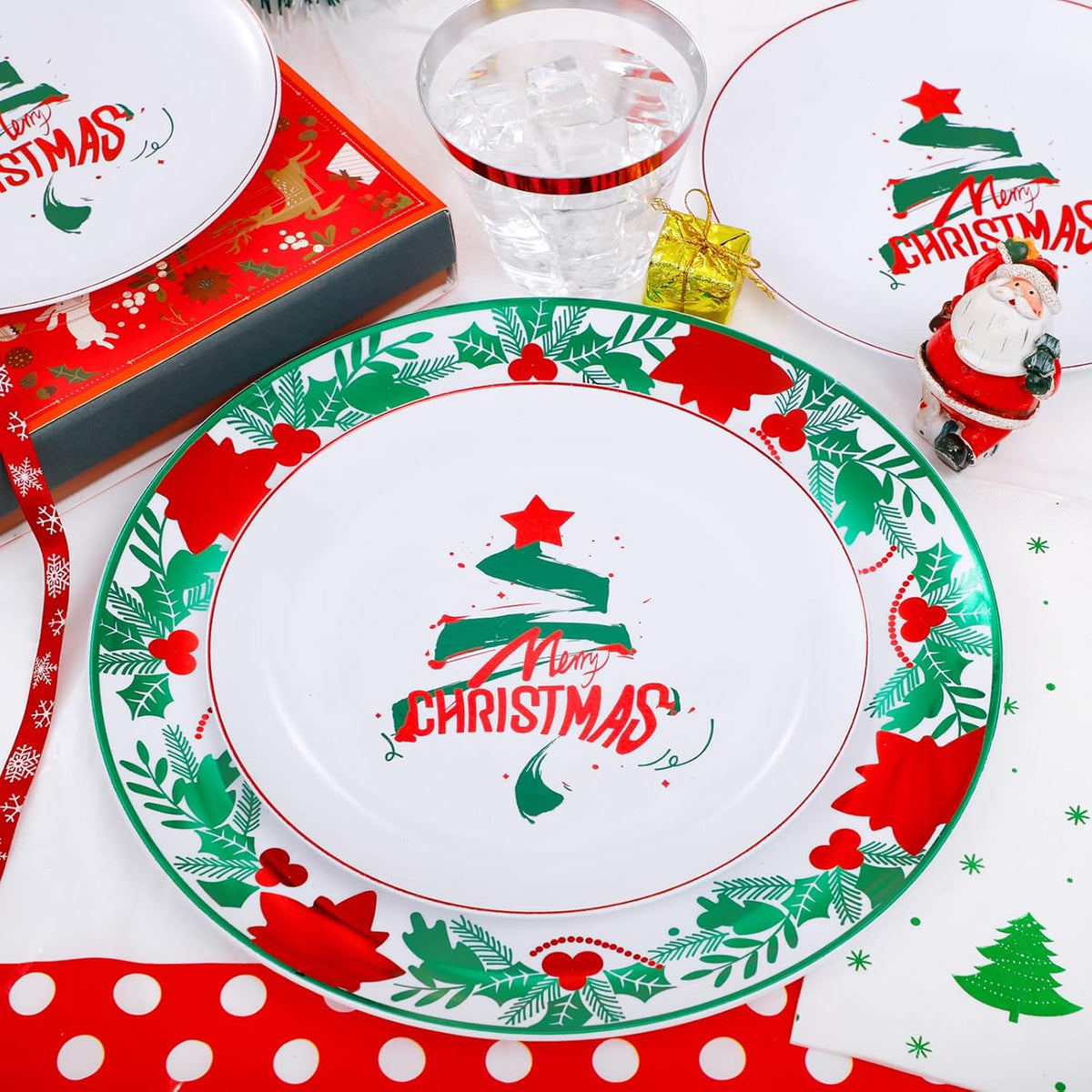 GATHER 176 Pieces Christmas Plastic Plates - Heavy Duty Christmas Disposable Dinnerware Set include 50 Plates, 75 Red Plastic Silverware, 25 Napkins, 25 Cups and 1 Tablecloth for Xmas Party