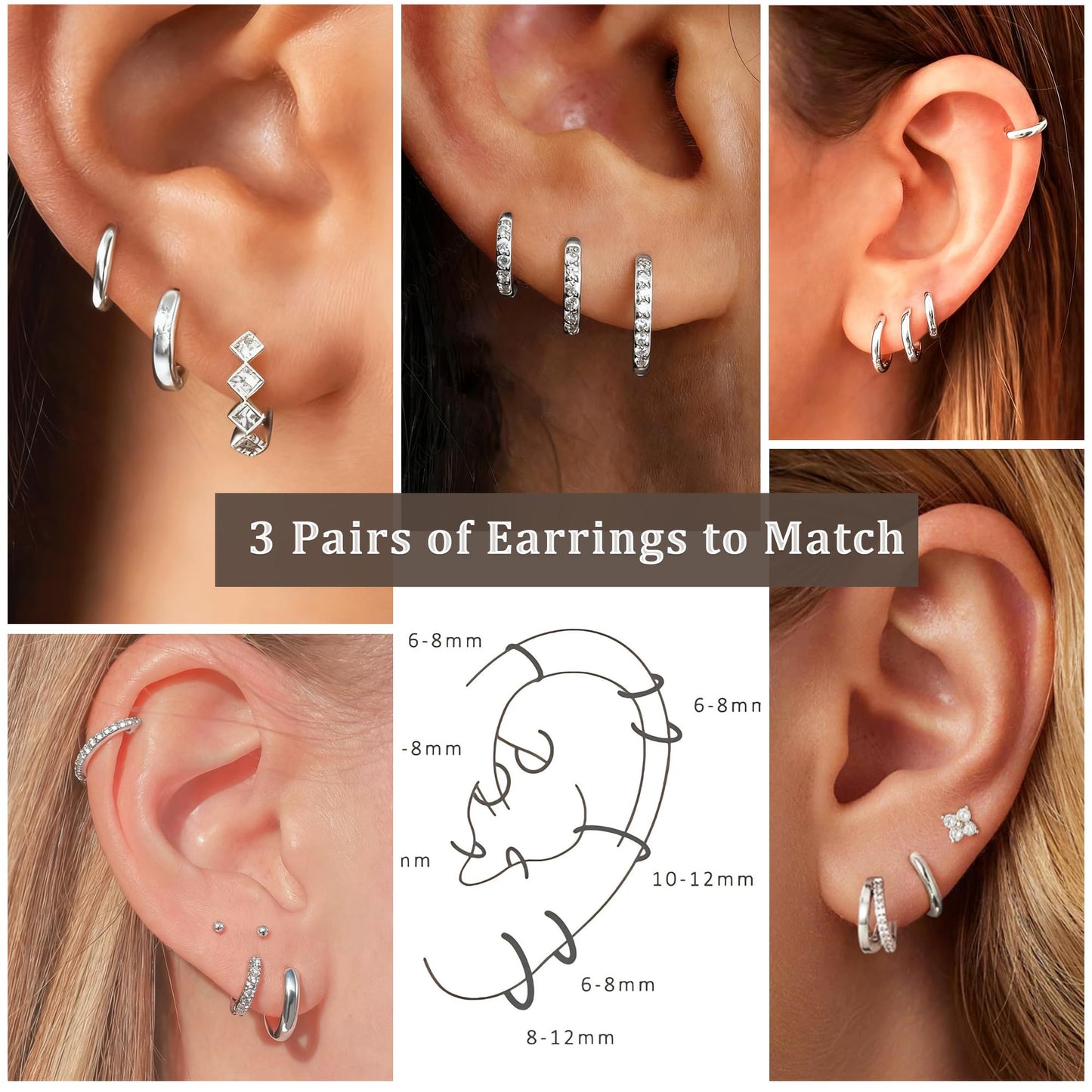 DORANA 3 Pairs 925 Sterling Silver Earrings for Women Non Tarnish Small Huggie Hoop Earrings Hypoallergenic Cartilage Hoops Stackable Earring Silver Stacks Sets for Multiple Piercing
