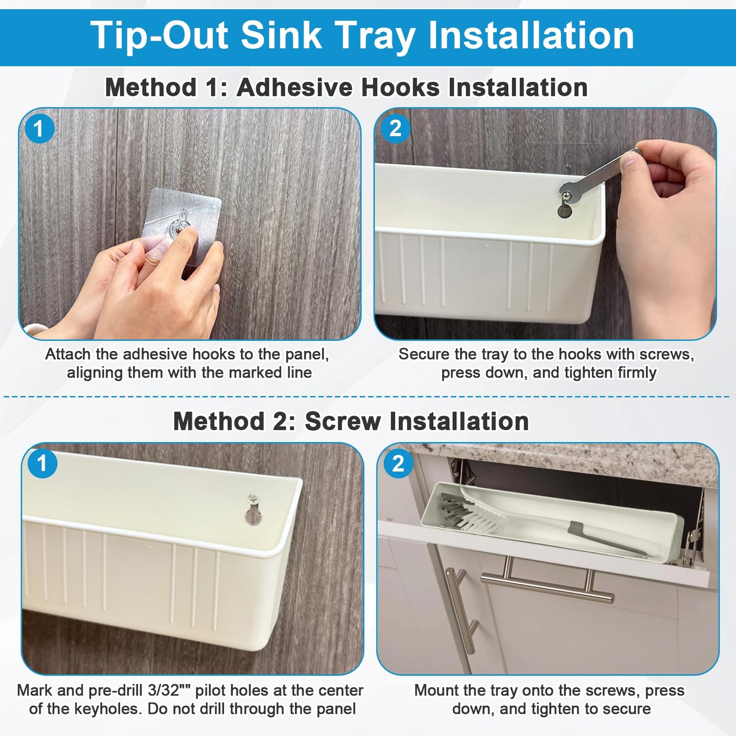 Upgraded 11" Tip-Out Plastic Sink Trays with Steel Hinges Kitchen Sink Tip Out Tray Kit, Pullout Organizer Cabinet Storage for Kitchen & Bathroom with 8 Mounting and 4 Screws, White (2 Pack)
