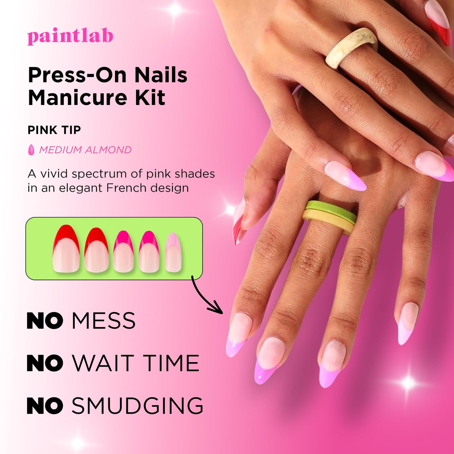 PaintLab Press On Nails - Pink French Tips Almond Fake Nails, 24 Nails in 12 Sizes with Glue, Reusable Salon Quality Press On Nails