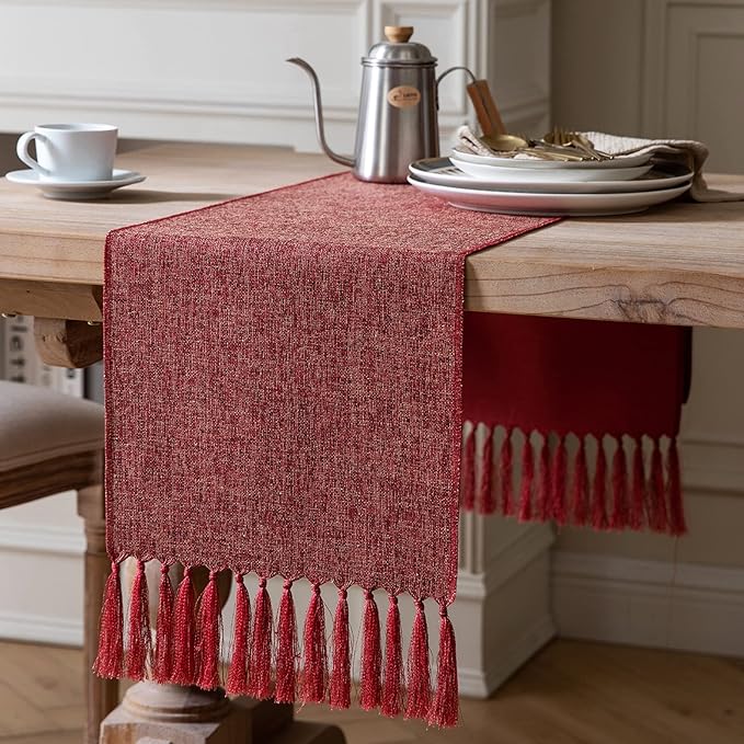 ZeeMart Red Table Runners 48 Inches Long, Burlap Linen Style Rustic Farmhouse Table Runner, Small Short Boho Coffee Table Runner, 13x48 Inches, Red
