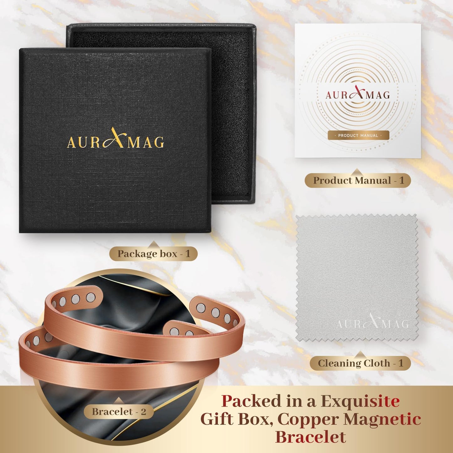 Auramag Copper Bracelets for Women, Magnetic Bracelet for Men with 3500 Gauss Magnets, Adjustable Jewelry with Gift Box(2 PCS)