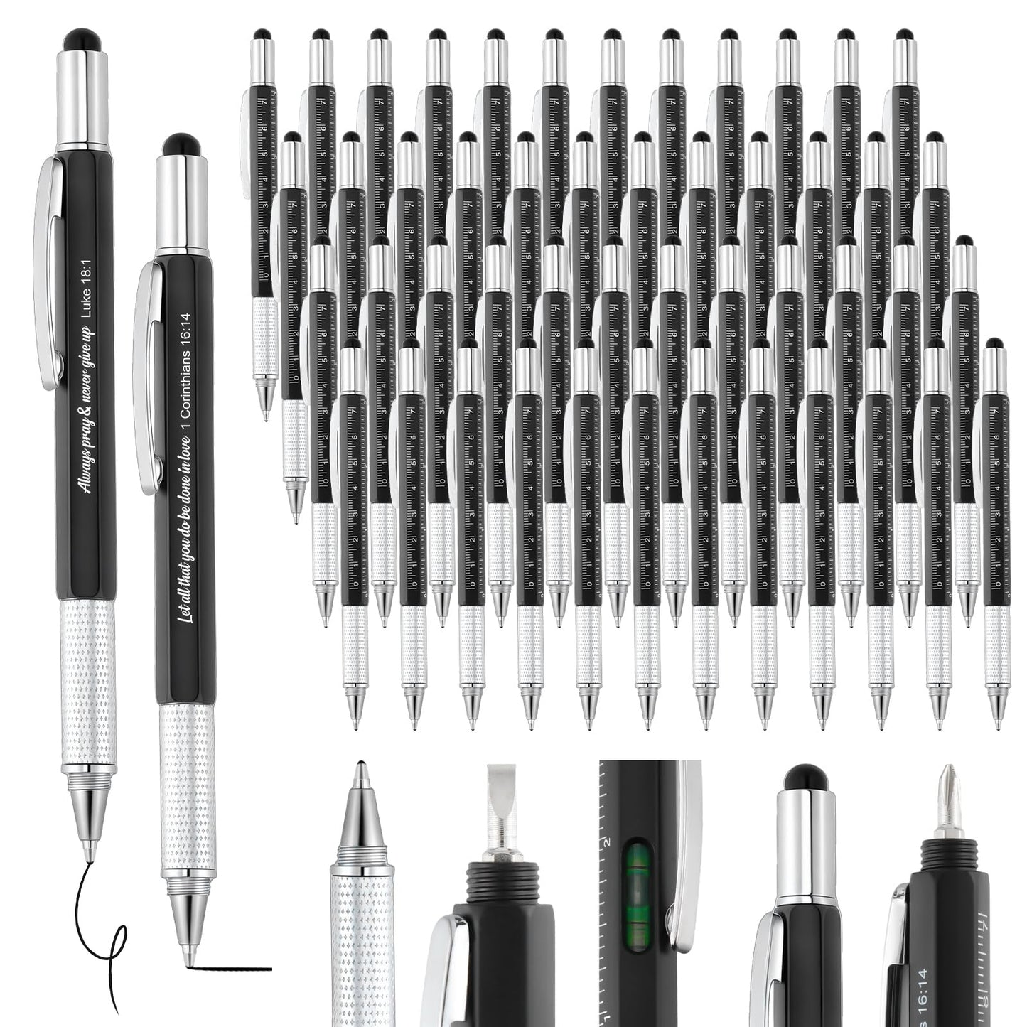 Sayglossy 48pcs Christian Multitool Pens Valentines Gift Bible Verse Religious 6 in 1 Multitool Pen Bulk with Ruler, Level, Stylus, Screwdriver for Men Pastor Father