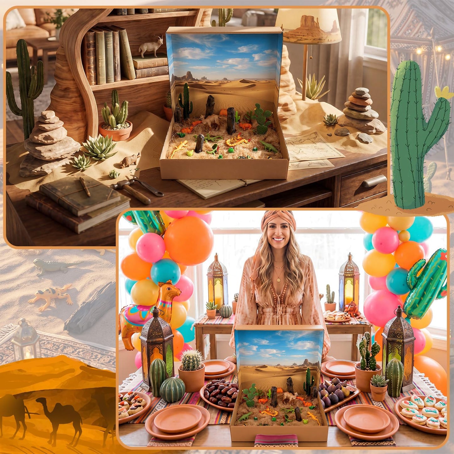 Duraaamo 32 Pcs Desert Animals Figures Diorama Kit Reptiles Lizard Snake Cactus Trees Model Kit Diorama Project with Camel for Miniature Landscape Cake Topper Birthday DIY Craft Project