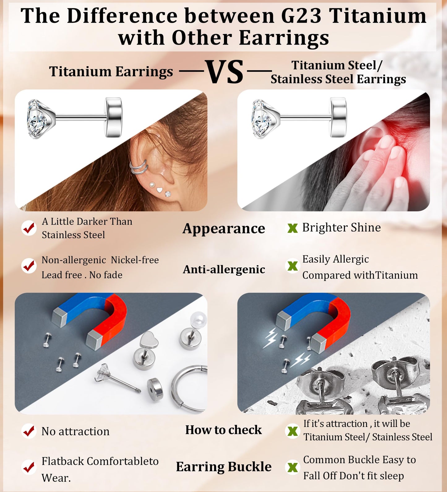 MJust Titanium Earrings for Sensitive Ears 20G Hypoallergenic Stud Hoop Earrings for Women Men Opal Ball CZ Heart Pearl Flat Back Earrings Cartilage Earrings Set