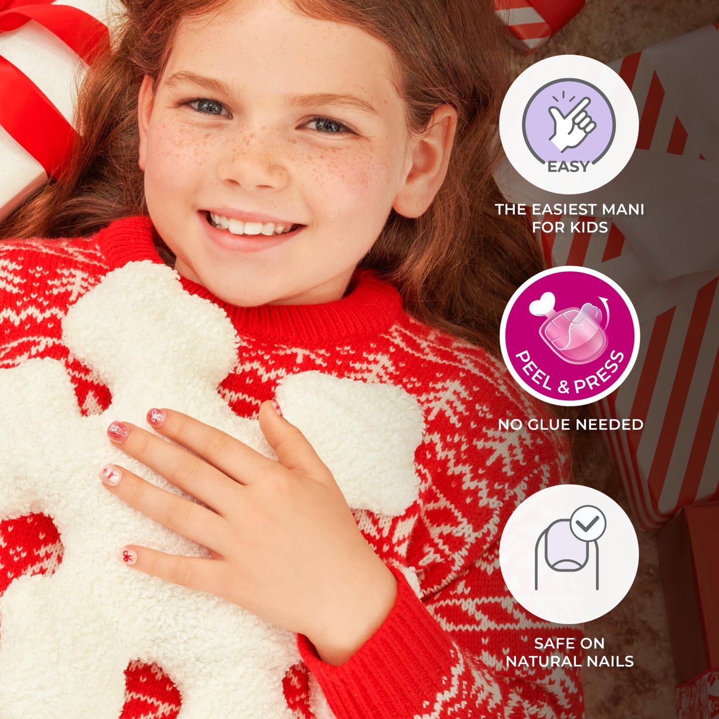 KISS imPRESS MINI Holiday Press On Nails for Kids, ‘Cozy’, Red, Child Size, Squoval Shaped, Mess-Free, Mom Approved, Non-Toxic, Breakaway Application Tabs, Nail File, 20 Fake Nails