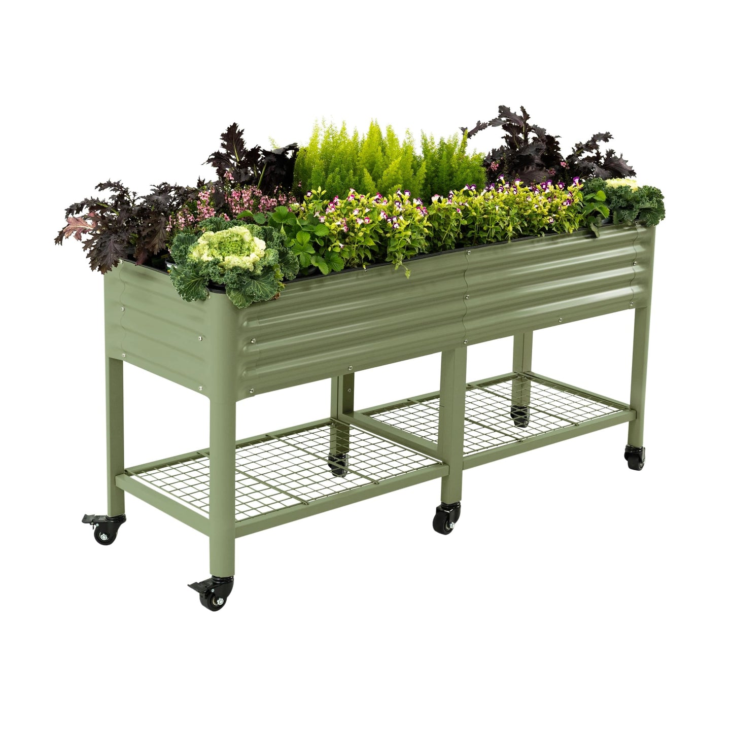 Rolling Elevated Raised Garden Bed-V Series, 2' x 6' Garden Beds with Legs & Storage Rack for Patio & Porch, 1000 Lbs Weight Capacity, Outdoor Planter Box for Vegetables Flower Herbs, Olive Green