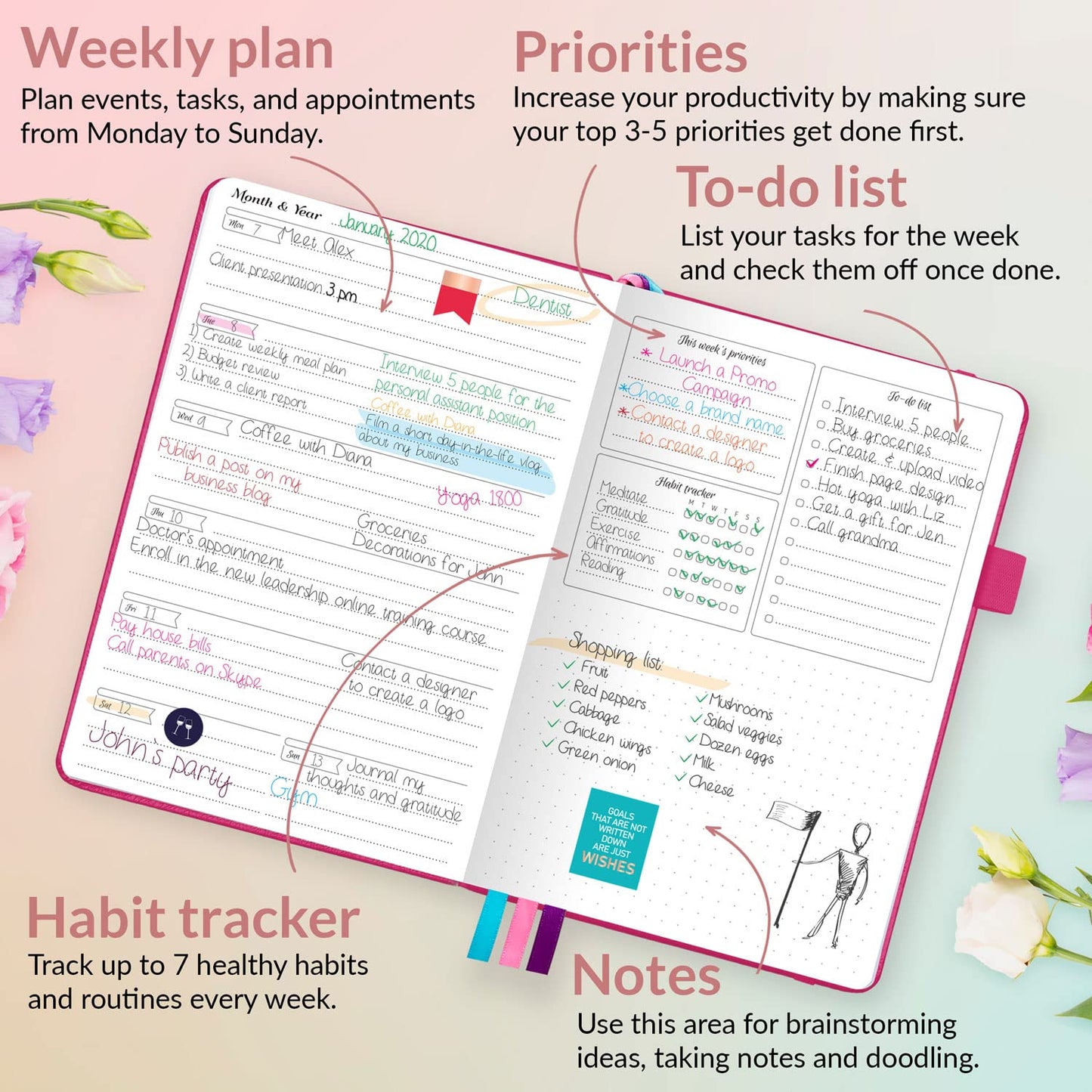GoGirl Planner and Organizer for Women – Compact Size Weekly Planner, Goals Journal & Agenda to Improve Time Management, Productivity & Live Happier. Undated – Start Anytime, Lasts 1 Year – Hot Pink