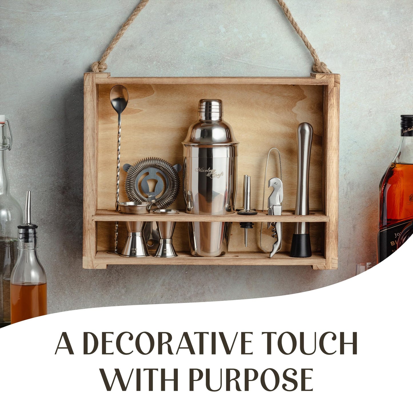 Mixology & Craft Rustic Cocktail Shaker Set – Includes Wood Stand, Complete Barware Kit with 24 Oz Shaker, Dual Jiggers, Pourers, Muddler, Strainer – Perfect for Home Bartenders (Silver)