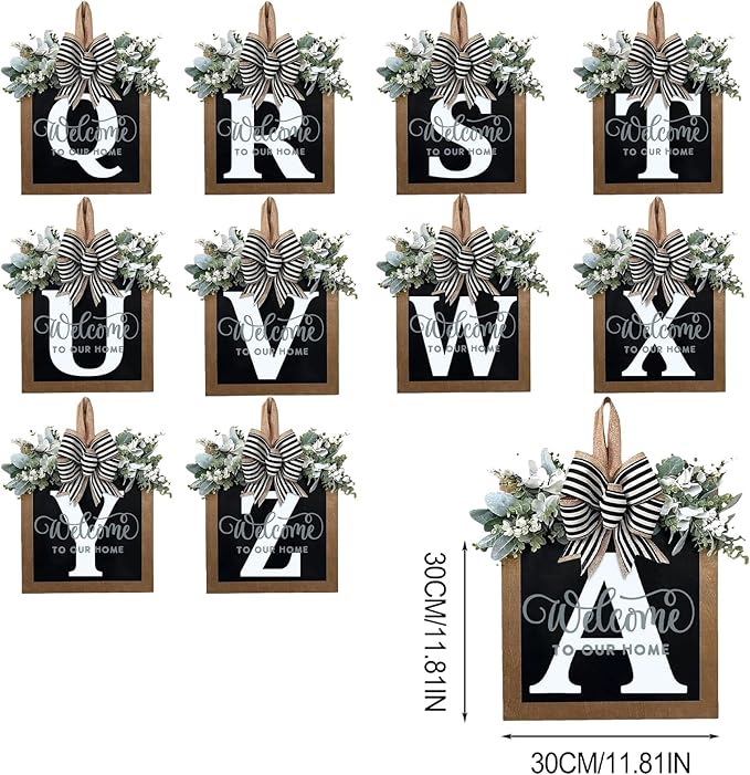Last Name Year Round Front Door Wreath Front Porch Decoration 26 Letter Welcome Sign with Eucalyptus Garland and Bow Spring Wreaths for Front Door Outside Hanger Garland（U）
