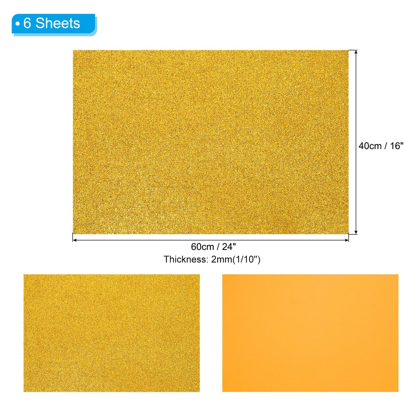 PATIKIL 2mm(1/10") Thick Non Adhesive Glitter Foam Sheet 16x24inch(40x60cm) Gold Tone, EVA Shiny Foam Board for Craft, 6 Pcs