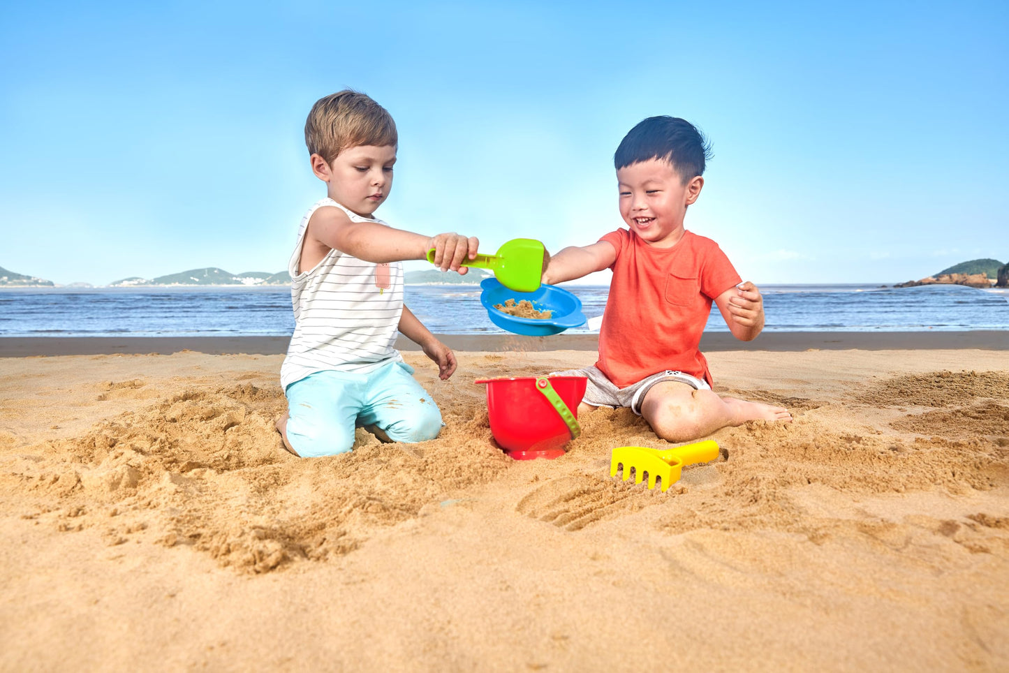 Hape Beach Basics Sand Toy Set Including Bucket Sifter, Rake, and Shovel Toys| Sand Toy Playset for Toddlers 18M+