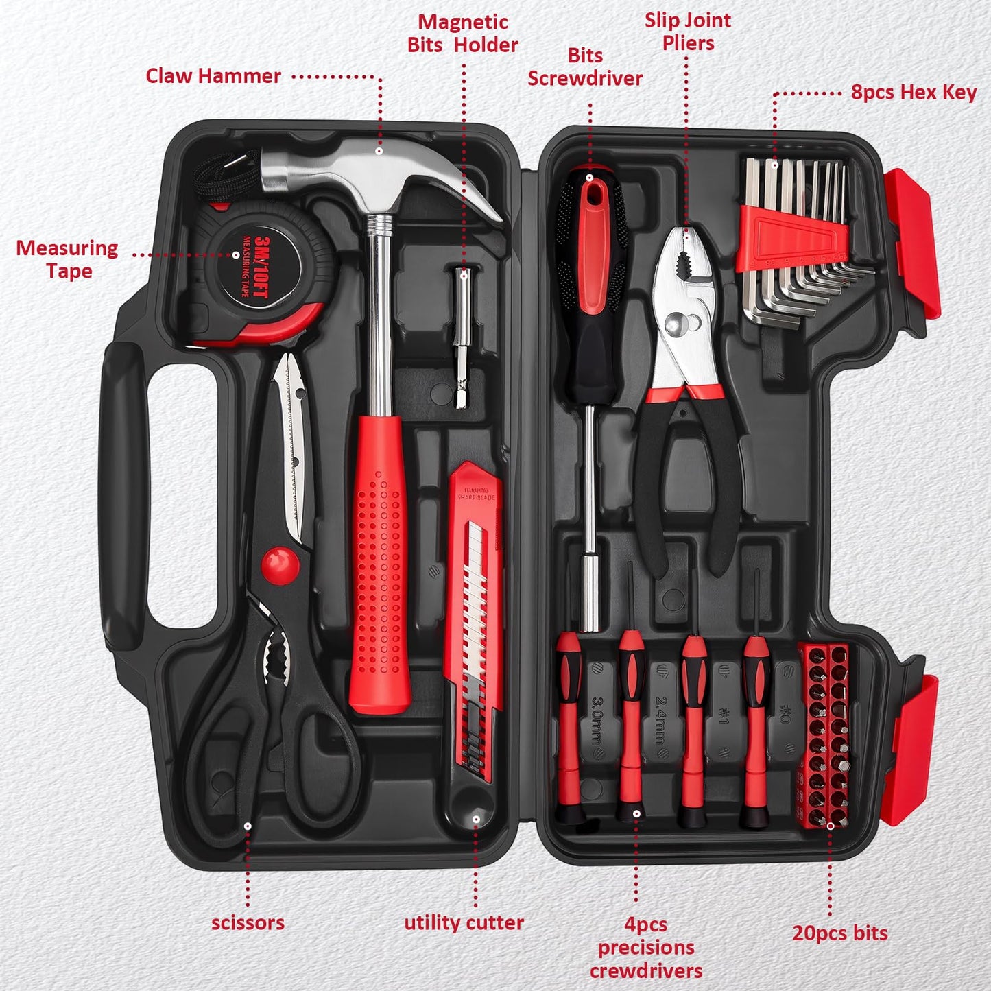 WGGE 39-Piece Home Tool Set– Durable Household Hand Tool Kit with Hammer, Screwdrivers, Pliers, Wrench, Hex Keys & More – Compact Storage Case for Home Repairs, DIY & Maintenance