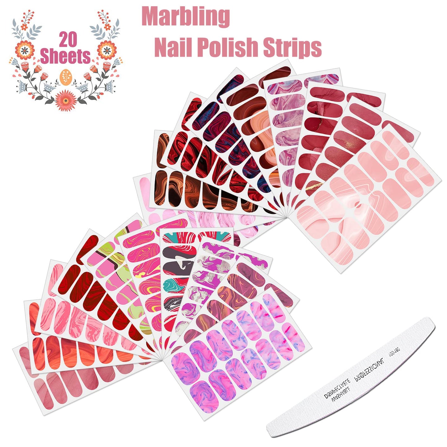 JERCLITY 280 Pieces 20 Sheets Full Wrap Marbling Nail Polish Strips Self-Adhesive Stickers With File for Women (Pink Series)