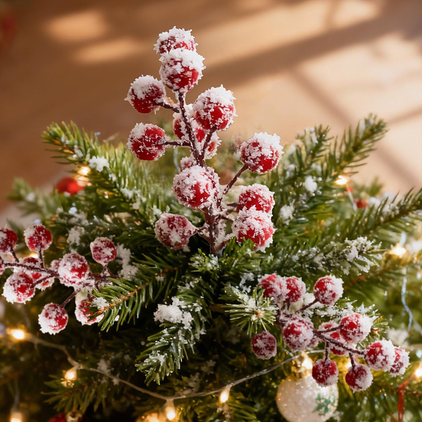 Sherika 24 Pcs Artificial Christmas Snowy Holly Berry Stems 9" Red Frosted Berries Picks and Sprays for Christmas Tree Decorations Ornaments, DIY Craft Wreath Making Supplies Christmas Tree Decor