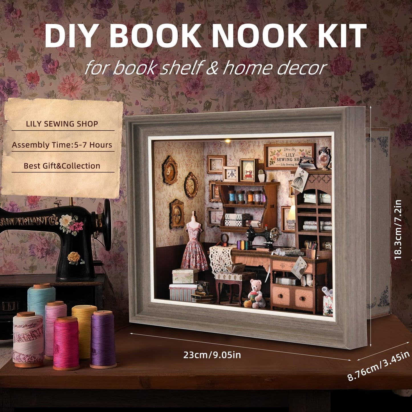 Book Nook Kit - 3D Wooden Puzzle with LED Switch Control & Wall-Mountable Frame，DIY Miniature House for Beginners，Bookshelf/Tabletop/Wall Decor for Craft Lovers，Dollhouse Gift (Lily Sewing Shop)