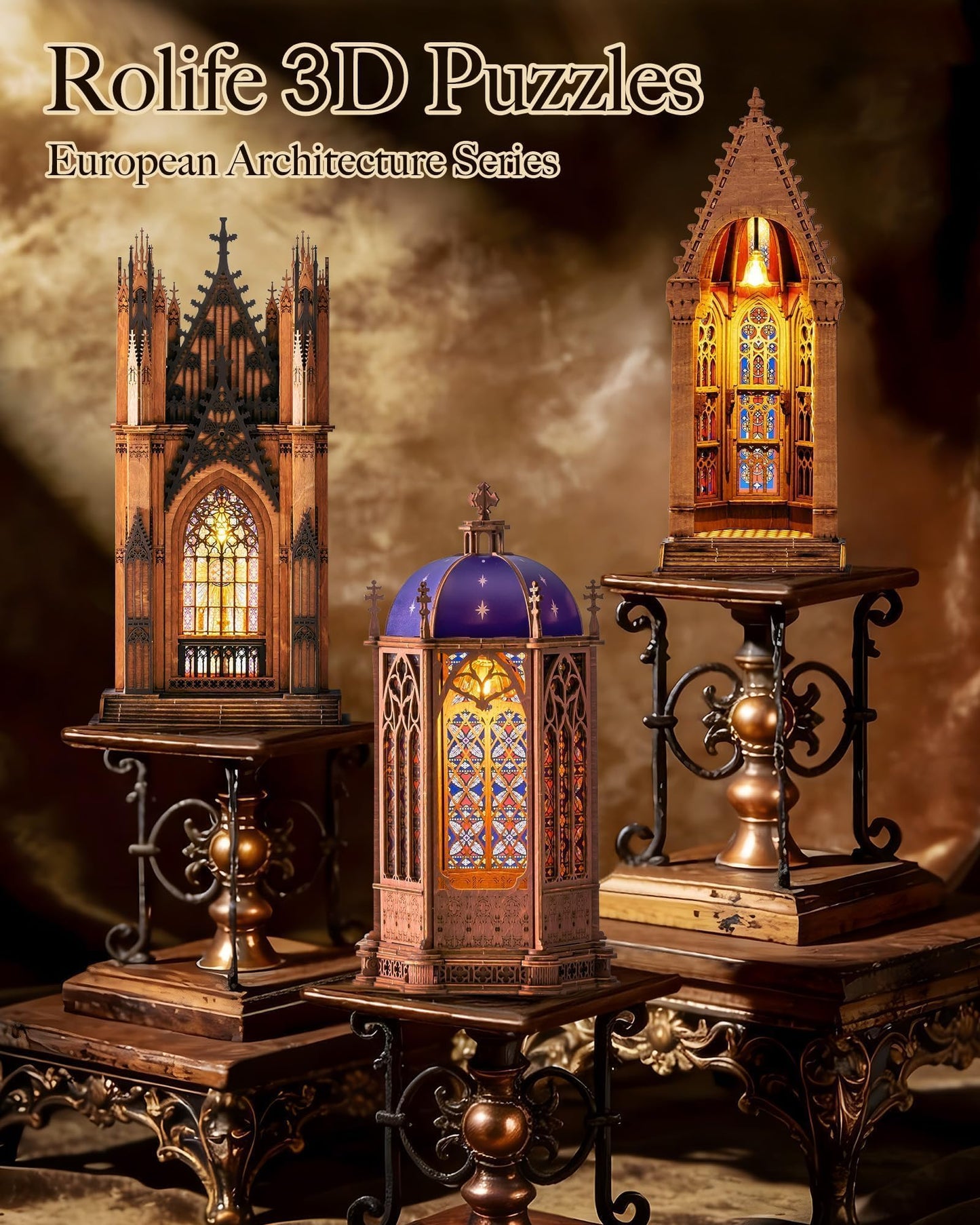 Rolife 3D Wooden Puzzle - Gothic Twin-Tower Cathedral Architecture Model with LED Lights, DIY Craft Building Kit for Adults, Unique Home Decor & Birthday for Hobbyists