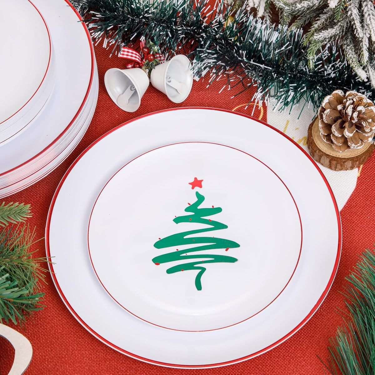 LIYH 60 Pcs Christmas Plates Disposable Heavy Duty, White Plastic Christmas Plates with Red Rim, Tableware Dishes, Xmas Party Decorations Holiday Party Supplies Serve for 30 Guests