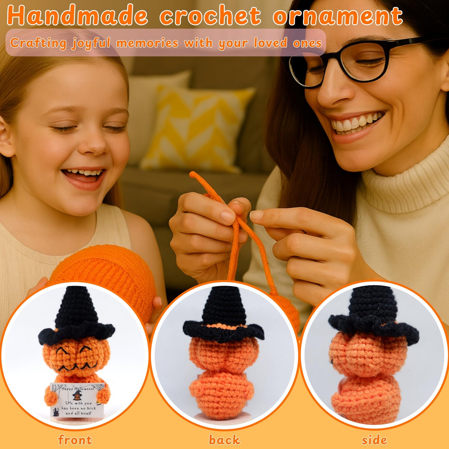 Emotional Support Crochet Halloween Ghost Pumpkin, Positive Crochet, Handmade Pumpkin Ghost Plush with Inspirational Message Card, Cute Motivational Ornament, Funny Decor (Pumpkin)
