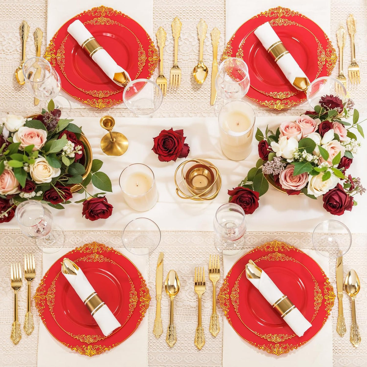 Nervure 350PCS Red Plastic Plates - Red Gold Plastic Dinnerware Sets for 50 Guests - 100 Gold Disposable Plates, 50 Pre Rolled Silverware Sets, 50 Cups Perfect for Wedding & Party & Christmas