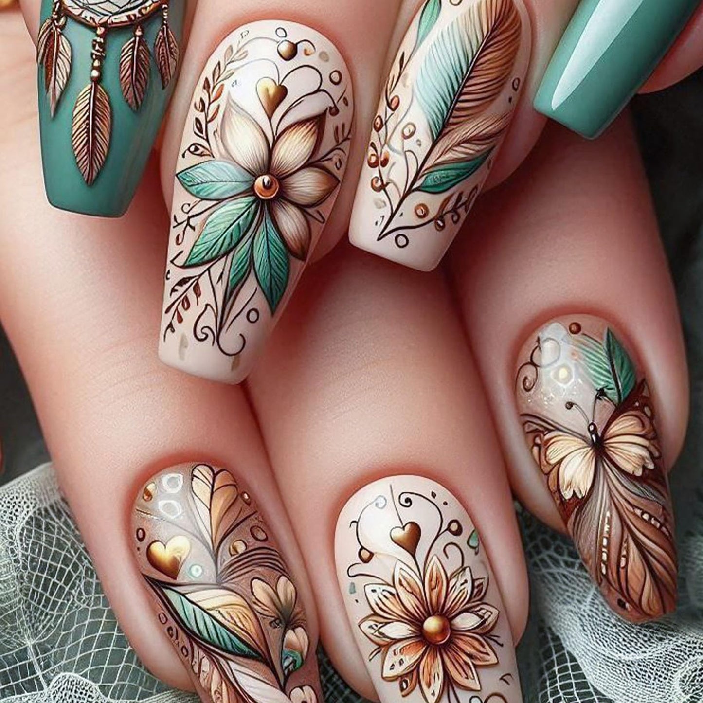 Green Press on Nails Coffin Medium Fake Nails with Butterfly Flower Designs Full Cover Nails Press ons Glossy Glue on Nails Cute False Nails Spring Acrylic Nails Summer Stick on Nails for Women 24Pcs