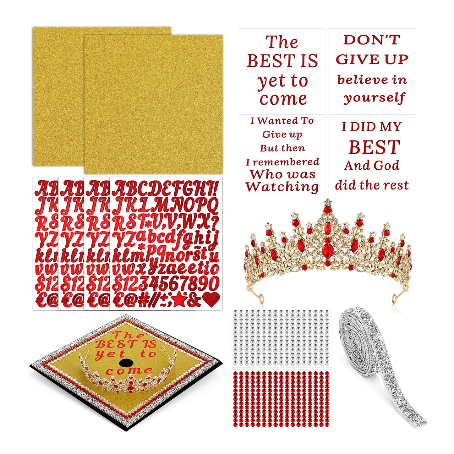 Dunzoom 2026 Crown Graduation Cap Decorations Kit Tiara Crown for Graduation Hat DIY Letter Stickers Construction Paper for Grad caps 2026 Grad Cap Decoration DIY for Gard Party Supplies(Red)