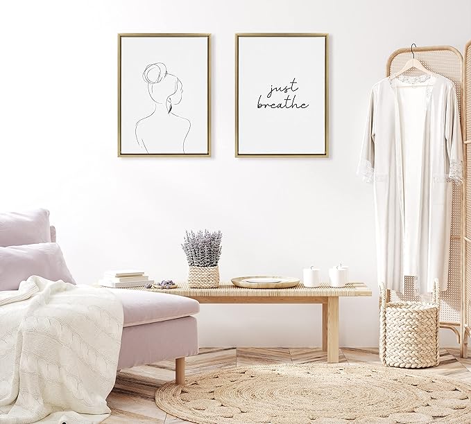 Kate and Laurel Sylvie Just Breathe Black and White Framed Canvas Wall Art by The Creative Bunch Studio, 18x24 Gold, Simple Motivational Art, Self Care Wall Décor