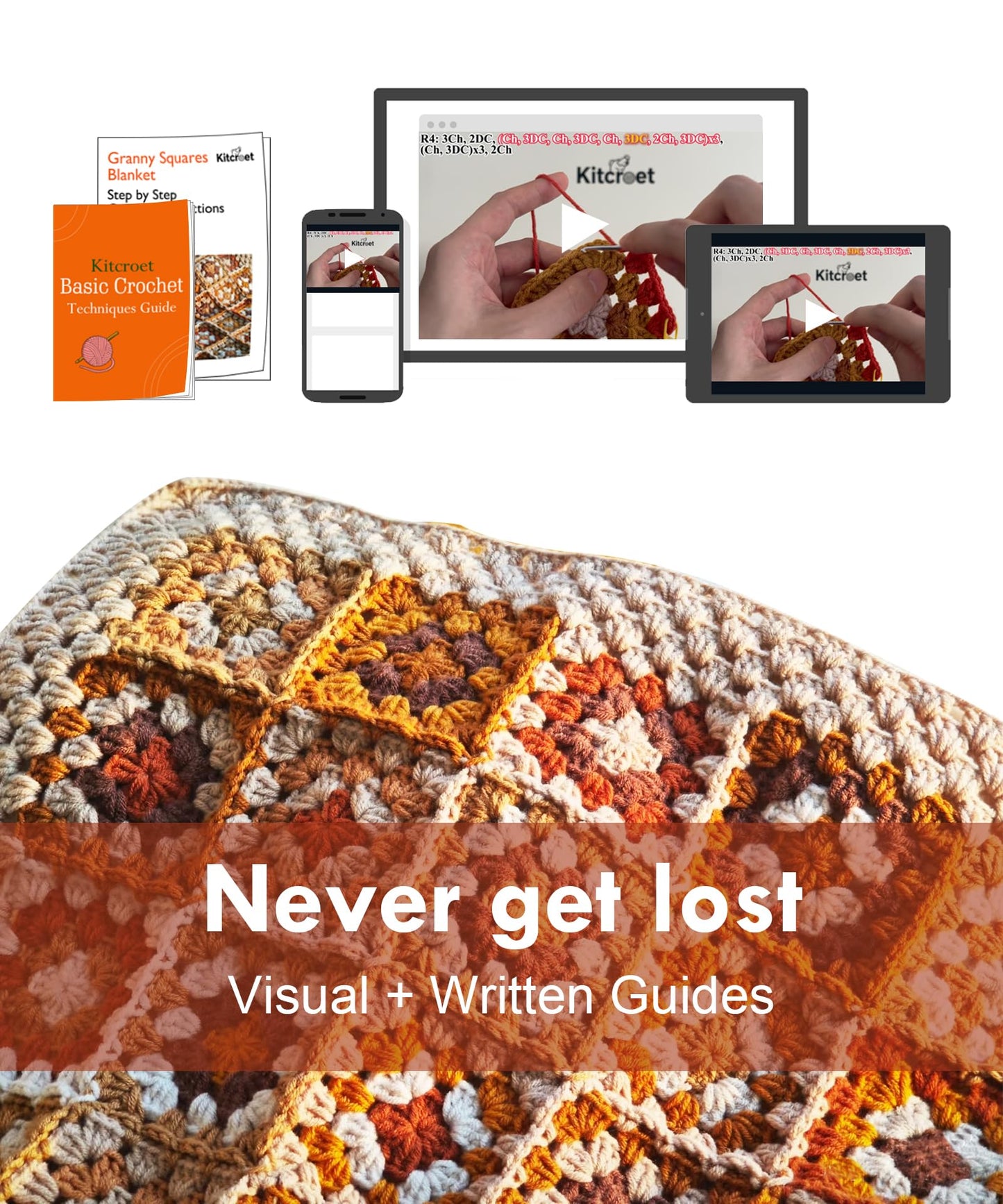 Kitcroet Crochet Kit, Complete Starter Kit for Beginners, Large Granny Squares Blanket with Video & Writtern Instructions, Easy to Learn Crochet Kit