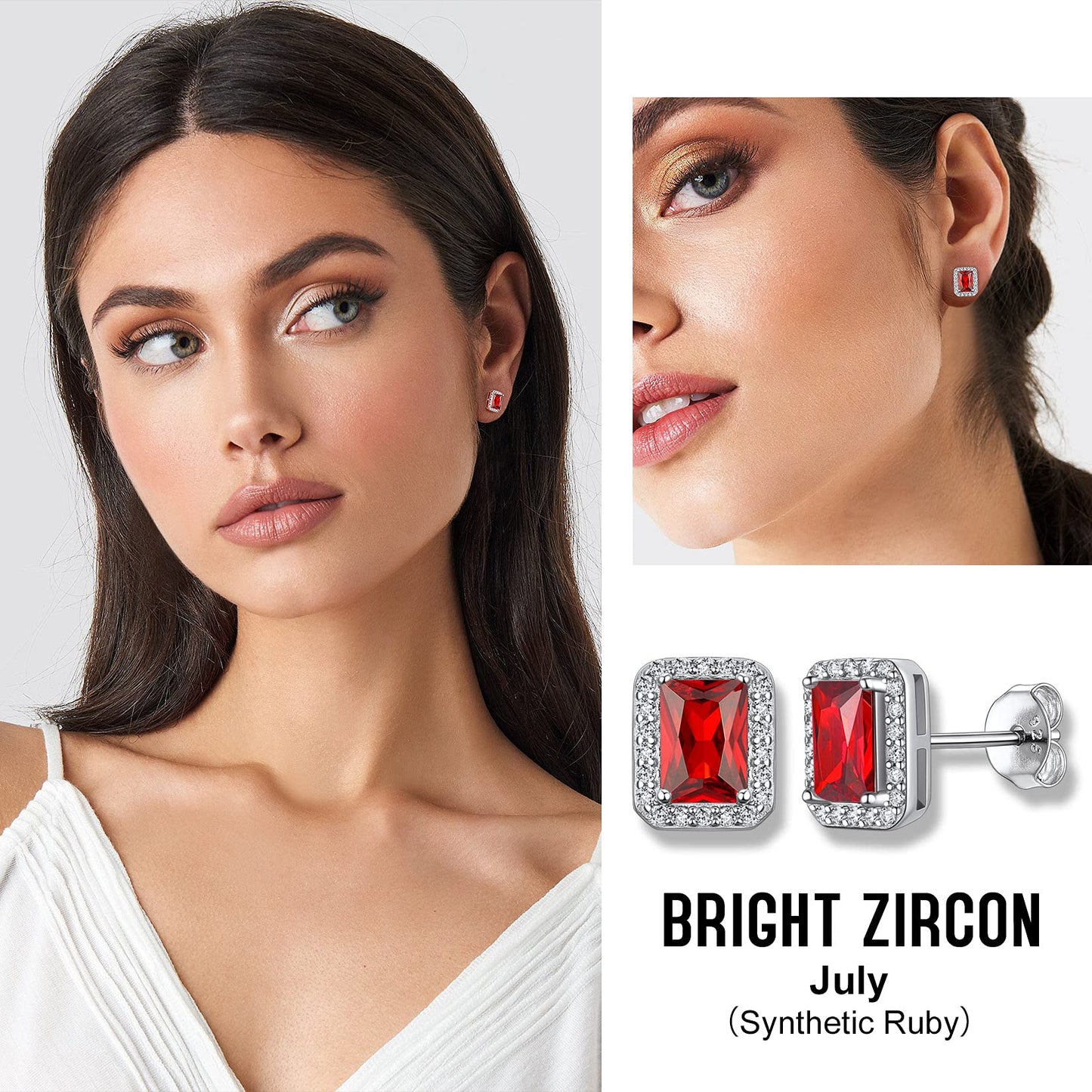 Bestyle 925 Sterling Silver Birthstone Earrings Love Square Cut Cubic Zirconia Stud, Brilliant Created July Ruby Earrings for Women