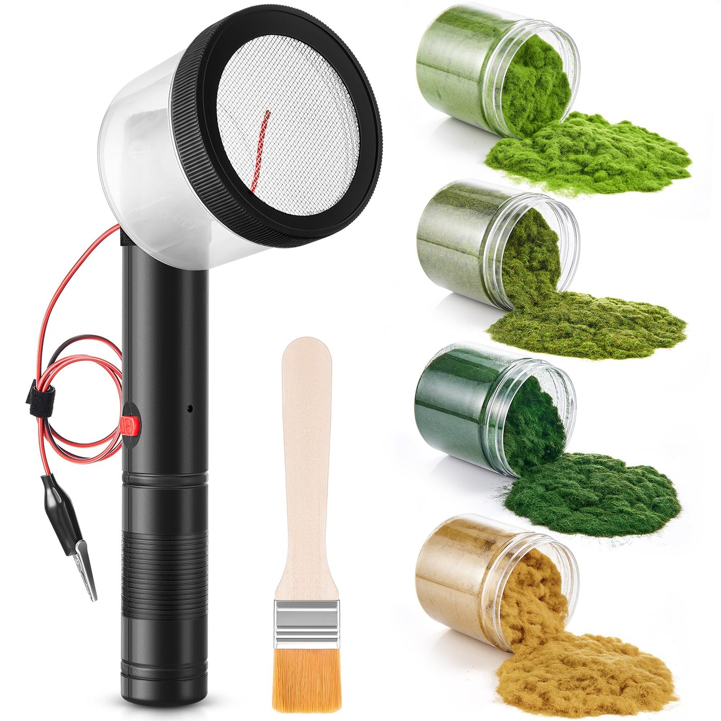 Tioncy Mini Static Grass Applicator Flocking Kit with Anti Slip Handle and 4 x 60g Colors Grass, Diorama Making Supplies, DIY Model Train Accessories Miniatures Landscape Craft(Curved Head)