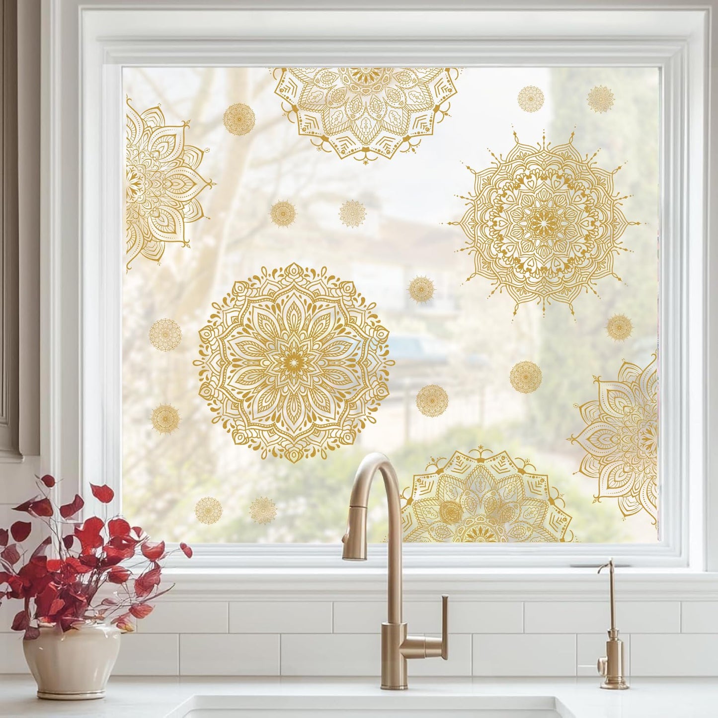 Kazova Gold Mandala Window Clings 22 Pcs 4 Sheets Double Sided Lotus Flower Window Stickers Vinyl Cling Non Adhesive Reusable Window Decals for Glass
