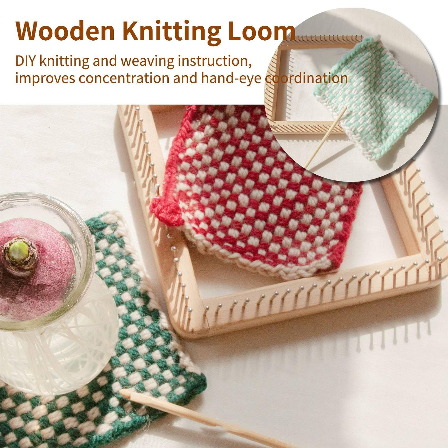 HERCHR Wooden Knitting Loom, Wooden Loom Frame Weaving Loom DIY Solid Wood Multifunctional Blanket Crochet Loom Knitting Board Loom Tool for DIY Weaving Beginner Children Adults, 20 * 20cm