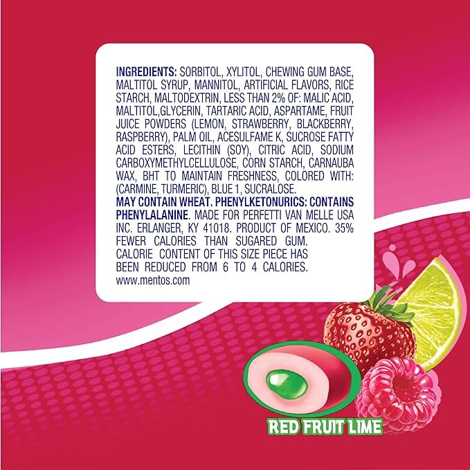 Mentos Sugar-Free Chewing Gum, Tropical, Red Fruit and Lime, Bulk, 50 Piece Bottle (Pack of 6)