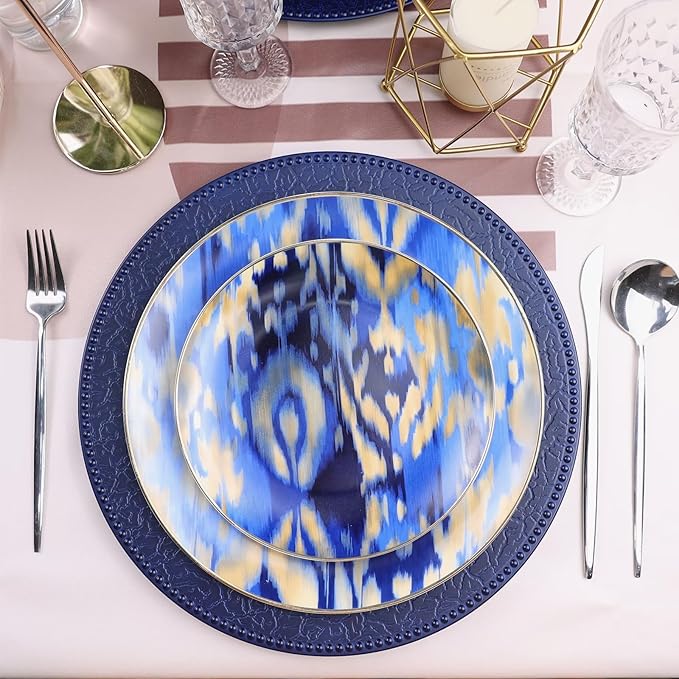 Navy Blue Chargers for Dinner Plates with Beaded Rims, Set of 12 Plastic Bulk Wedding Charger Plates for Thanksgiving, Christmas, Holiday Party Table Setting.