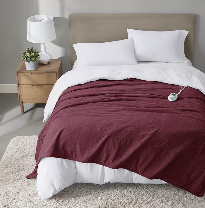 Serta Travis Fleece Ultra Soft Tri-Rib Textured Electric Blanket, Cozy and Snuggly Cover Fast Heating for Cold Weather, Auto Shut Off, Multi Heat Setting Controller, Twin, Berry Red