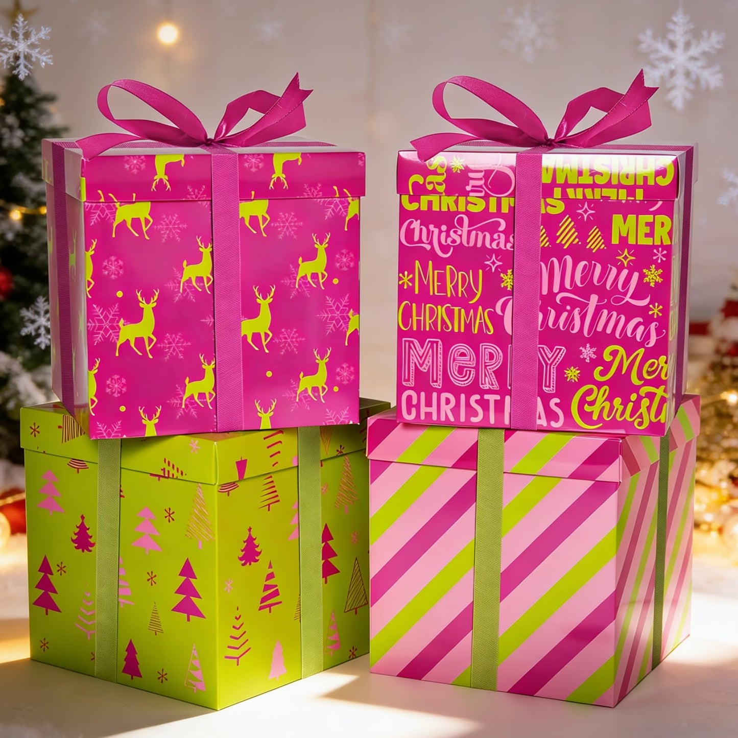 Cinrobiye 4 Pcs Christmas Gift Boxes with Lid,Ribbon and Tissue Papers,9" Black and White Christmas Winter Square Cardboard Box for Gift Wrapping Holiday Present Birthday Assorted Design (Green Pink)