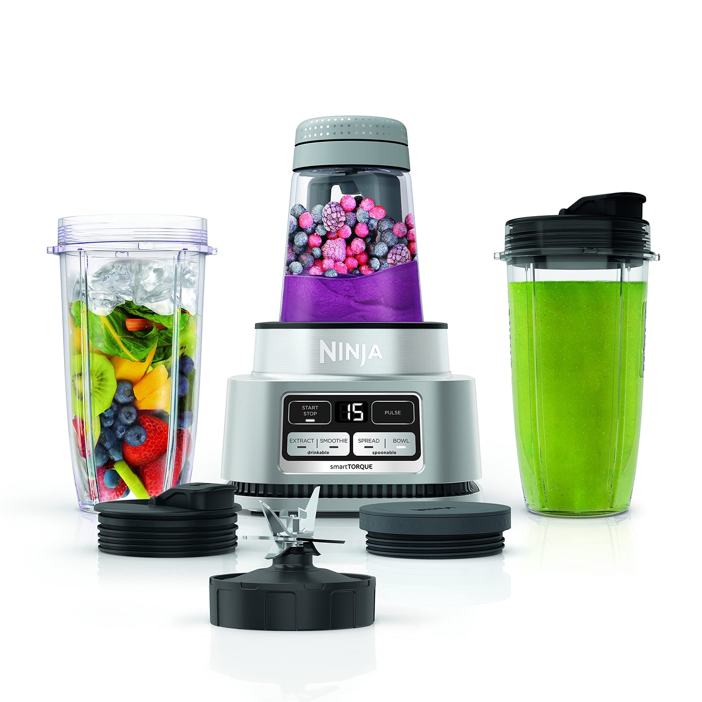 Ninja Foodi Blender | Personal Smoothie Maker, Mixer | Includes Hybrid Blades, (2) 24 oz. To-Go Cups with Lids, (1) 14 oz. Smoothie Bowl Maker with Storage Lid | Silver | 1200 Peak Watt | SS101
