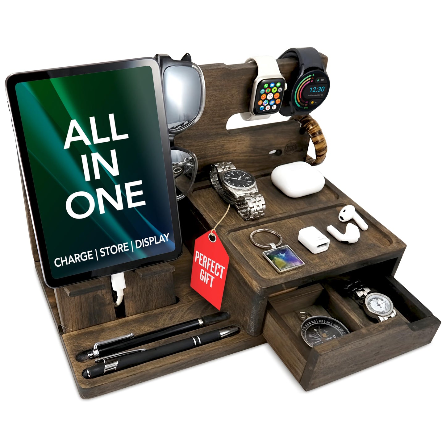 EcoLeafy Dot Nightstand Organizer- Phone Docking Station for Men- Unique Gifts for Husband, Father or Dad from Wife, Son or Daughter- Desk Organizer for Cellphone, Watches, Wallet and Key (Rustic)