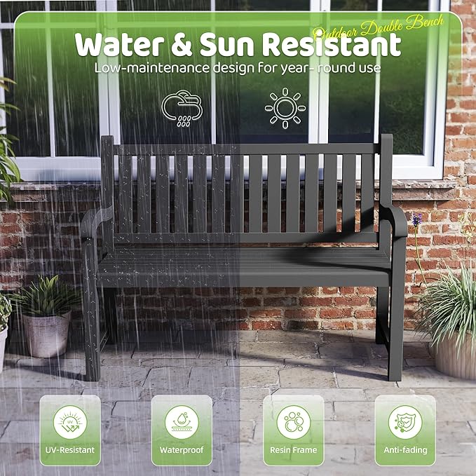 Outdoor Bench, Waterproof & Weatherproof Garden Bench with Ergonomic Design, 2-Person Resin Bench for Porch, Deck, Patio, Outdoor, Garden & Park(Black)