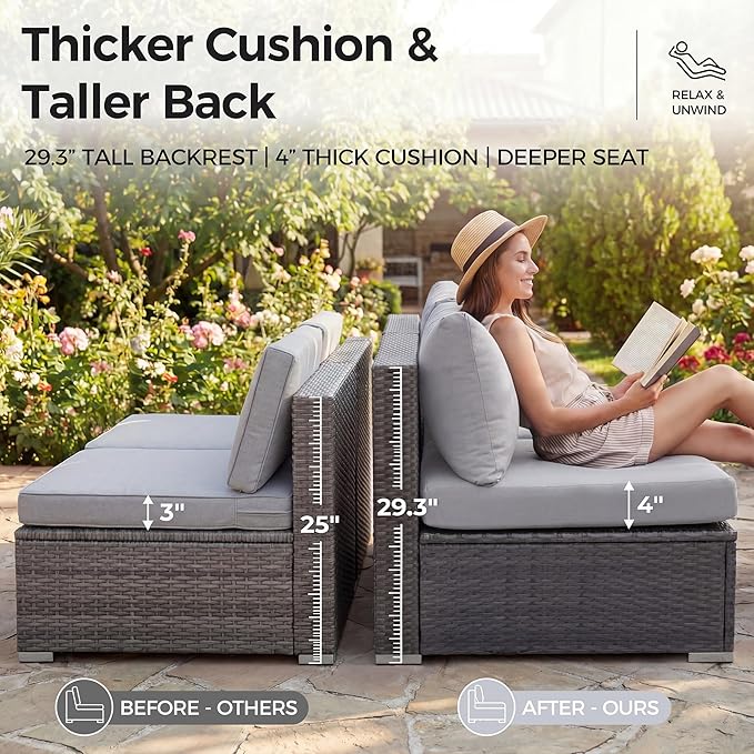 NICESOUL 13 Piece Outdoor Furniture with Fire Pit, Gray Wicker Patio Sectional with Fire Pit & Chaise Lounge, Modular 29.3" Highback Large Size Sectional Sofa for Outside Pool Backyard