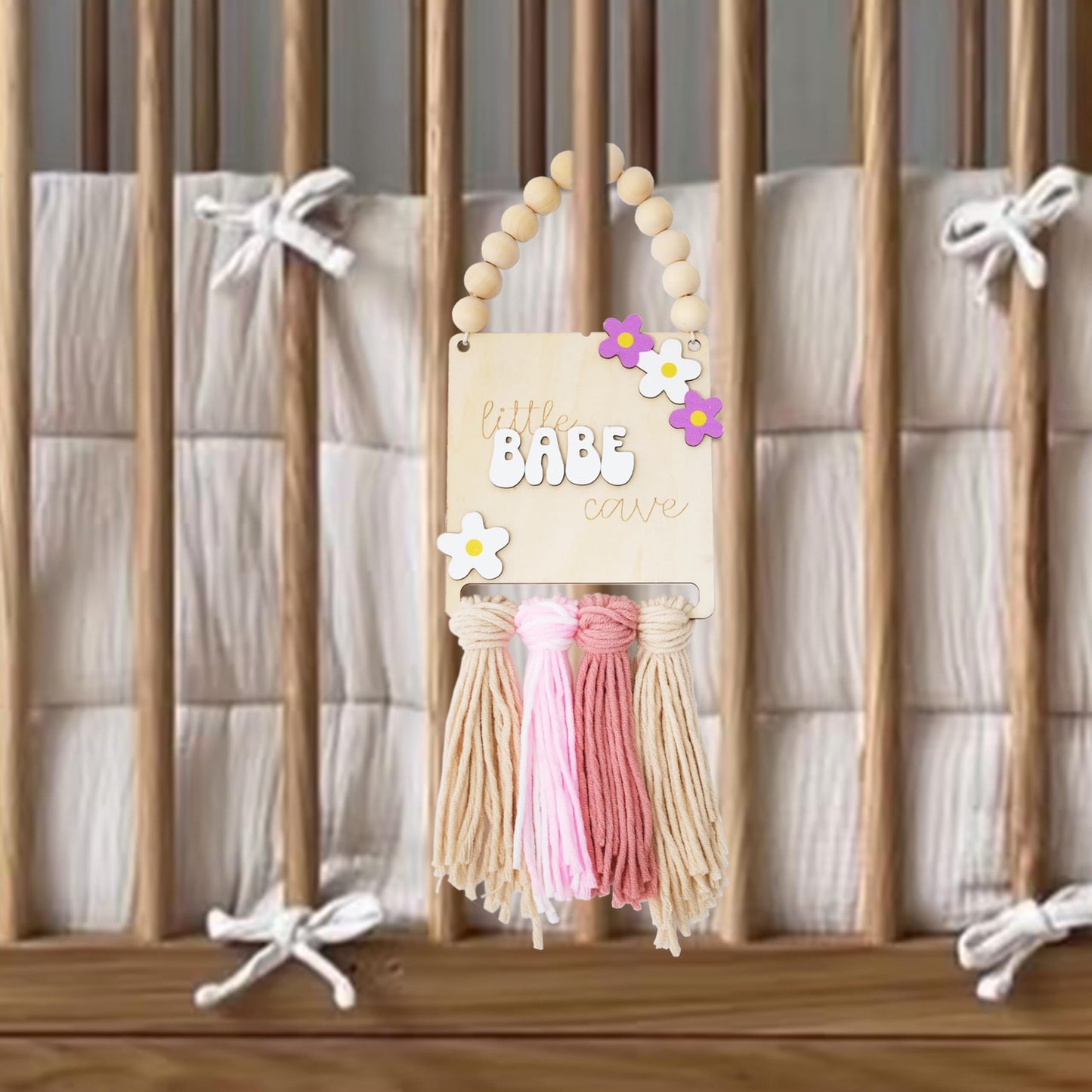 Little Babe Cave, Boho Style Wooden Bead Girls' Decor, Floral macrame Girls Sign, Daisy Sign - Nursery Decor